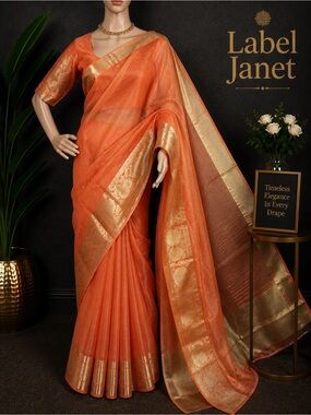 Orange tissue Silk Saree with Gold Woven Border & stitched blouse (Brand New)